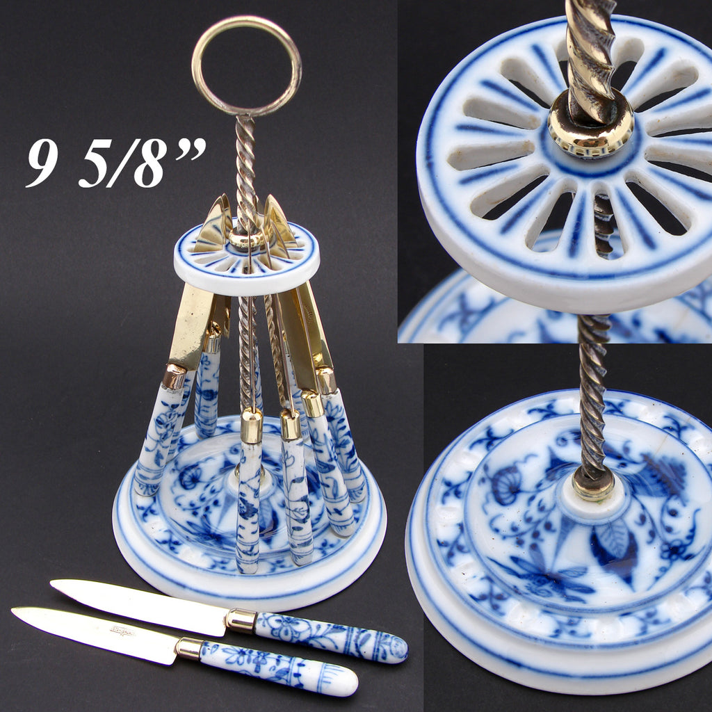 Antique Victorian Era 12pc Blue Onion Flow Blue Porcelain Fruit, Cheese or Dessert Knife Set with Caddy