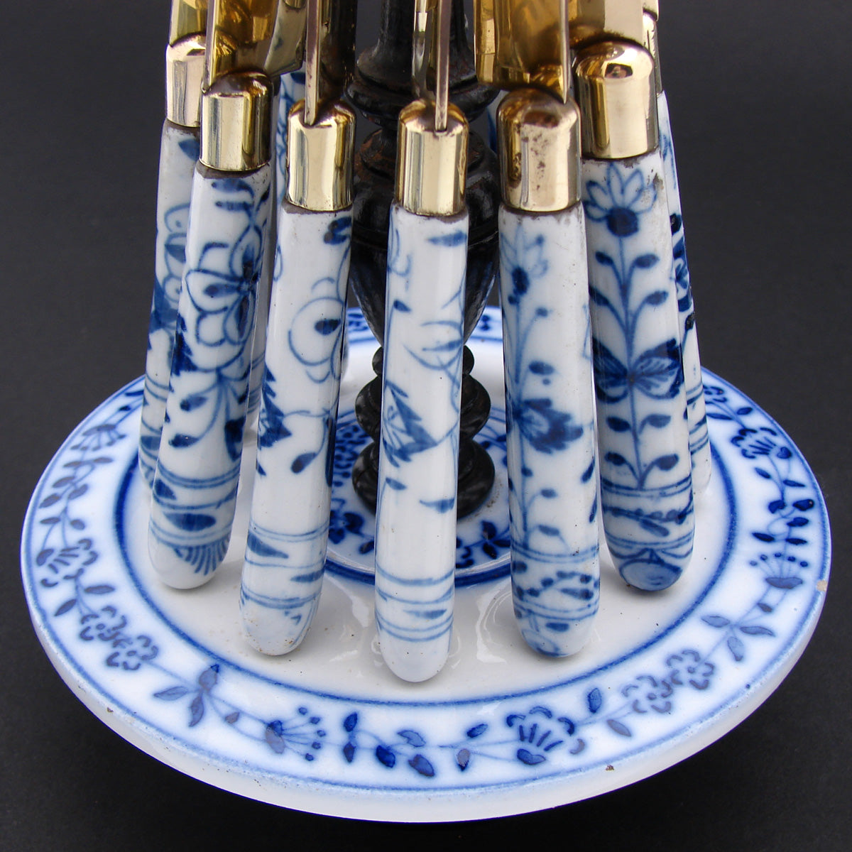 Antique Victorian Era 12pc Blue Onion Flow Blue Porcelain Fruit, Cheese or Dessert Knife Set with Caddy