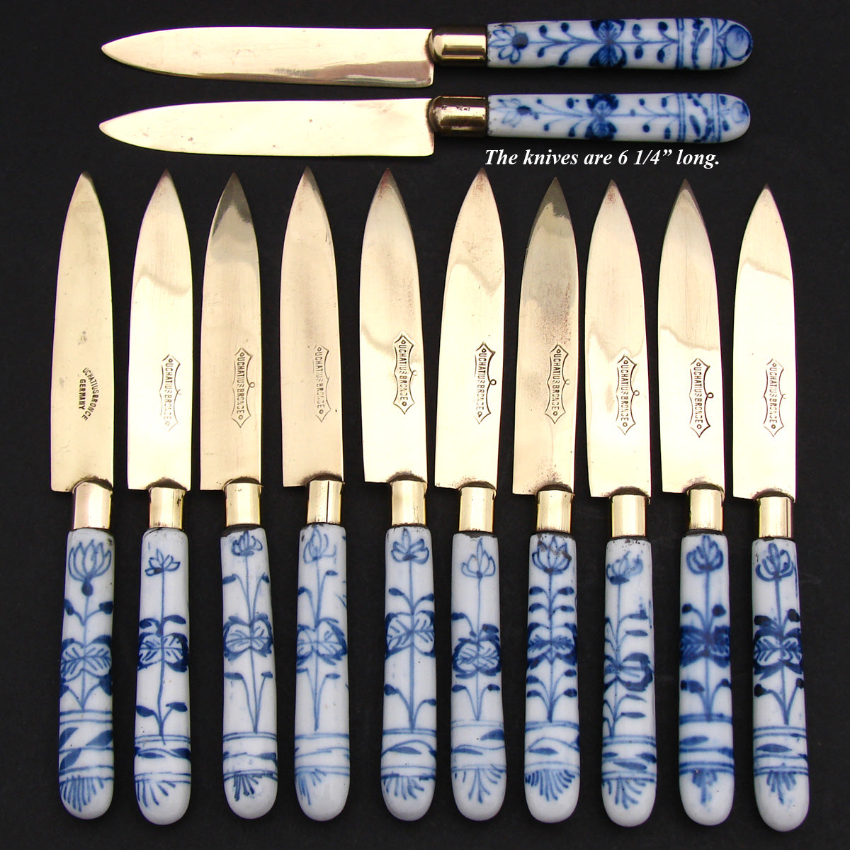 Antique Victorian Era 12pc Blue Onion Flow Blue Porcelain Fruit, Cheese or Dessert Knife Set with Caddy