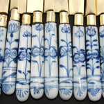 Antique Victorian Era 12pc Blue Onion Flow Blue Porcelain Fruit, Cheese or Dessert Knife Set with Caddy