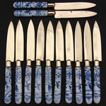 Antique Victorian Era 12pc Blue Onion Flow Blue Porcelain Fruit, Cheese or Dessert Knife Set with Caddy