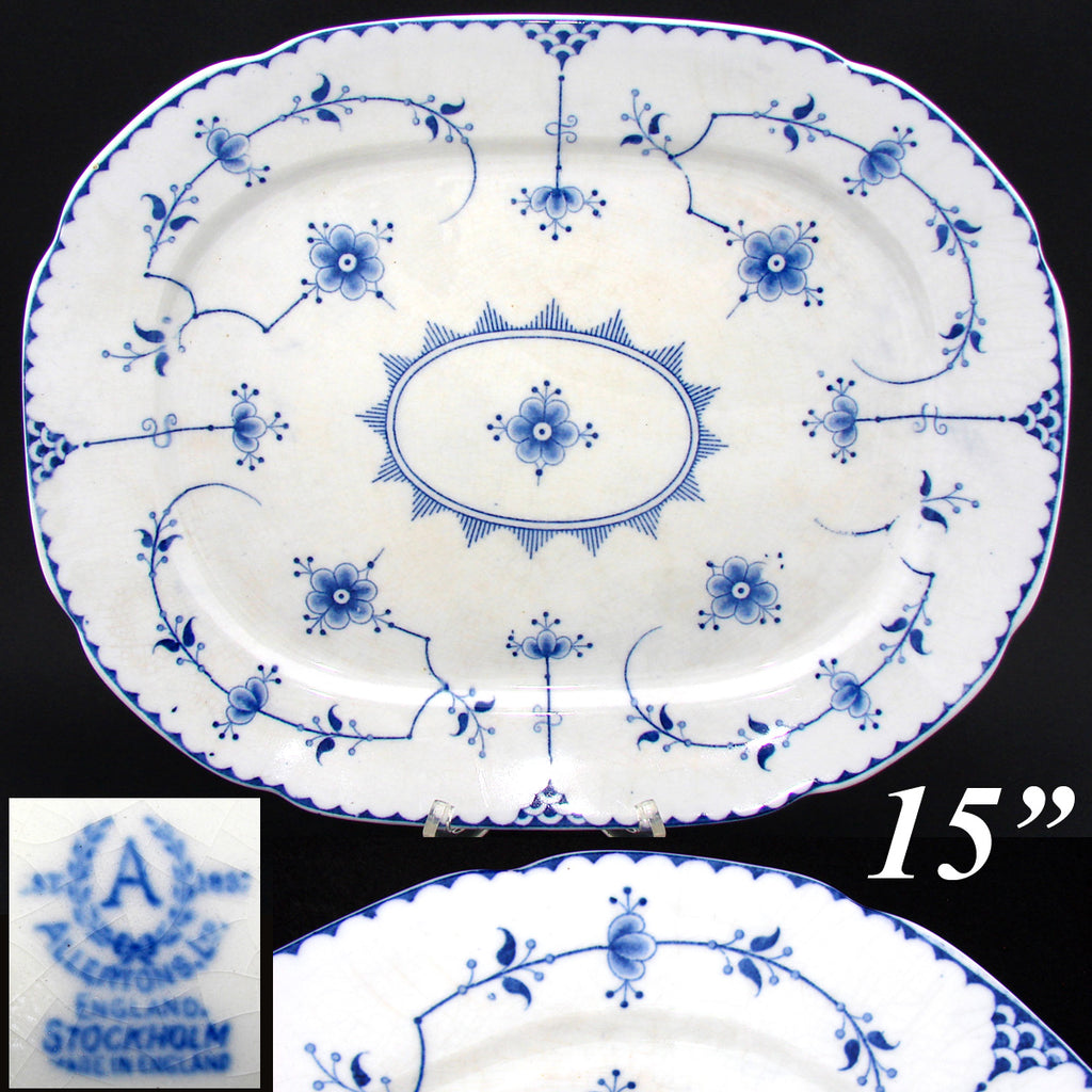 Large Antique Allerton's Ltd. 15" Staffordshire Blue & White Platter, Stockholm Pattern