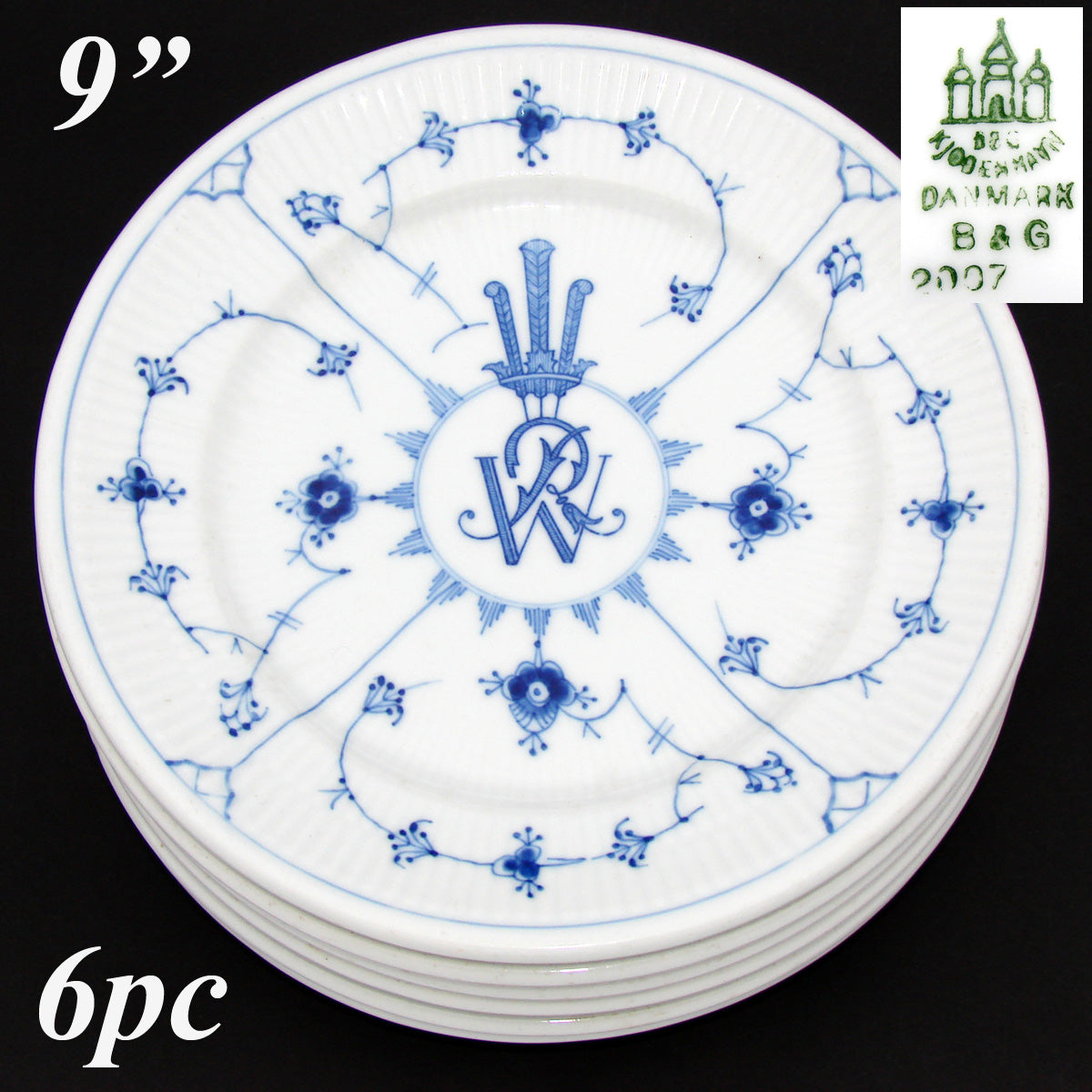 Set of 6 Danish Bing & Grondahl København 9" Plates with Elaborate Royal Bespoke Crest Monogram, c.1948-51