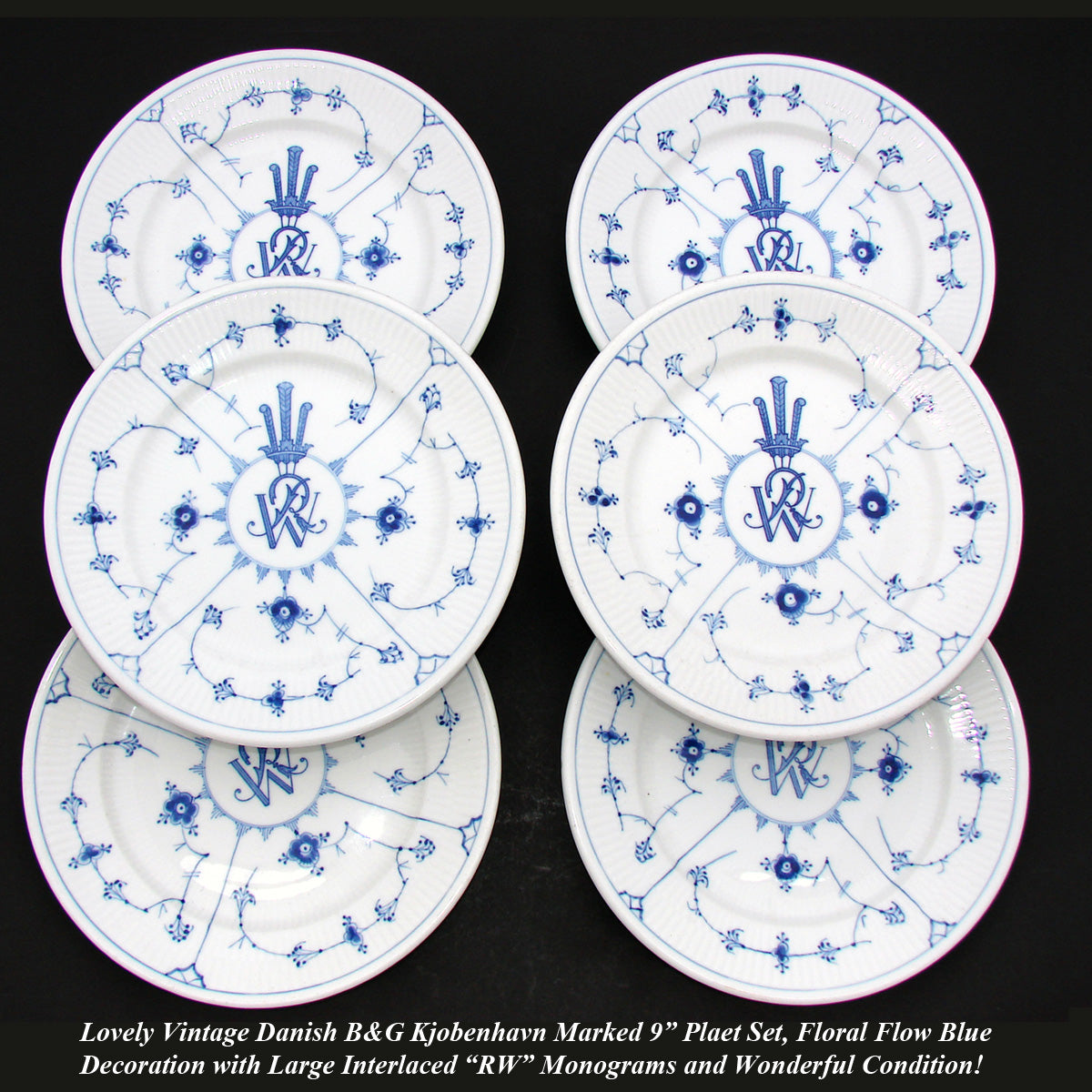 Set of 6 Danish Bing & Grondahl København 9" Plates with Elaborate Royal Bespoke Crest Monogram, c.1948-51