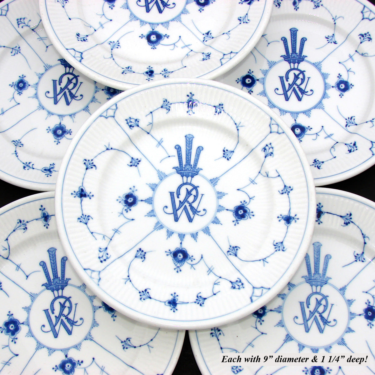 Set of 6 Danish Bing & Grondahl København 9" Plates with Elaborate Royal Bespoke Crest Monogram, c.1948-51