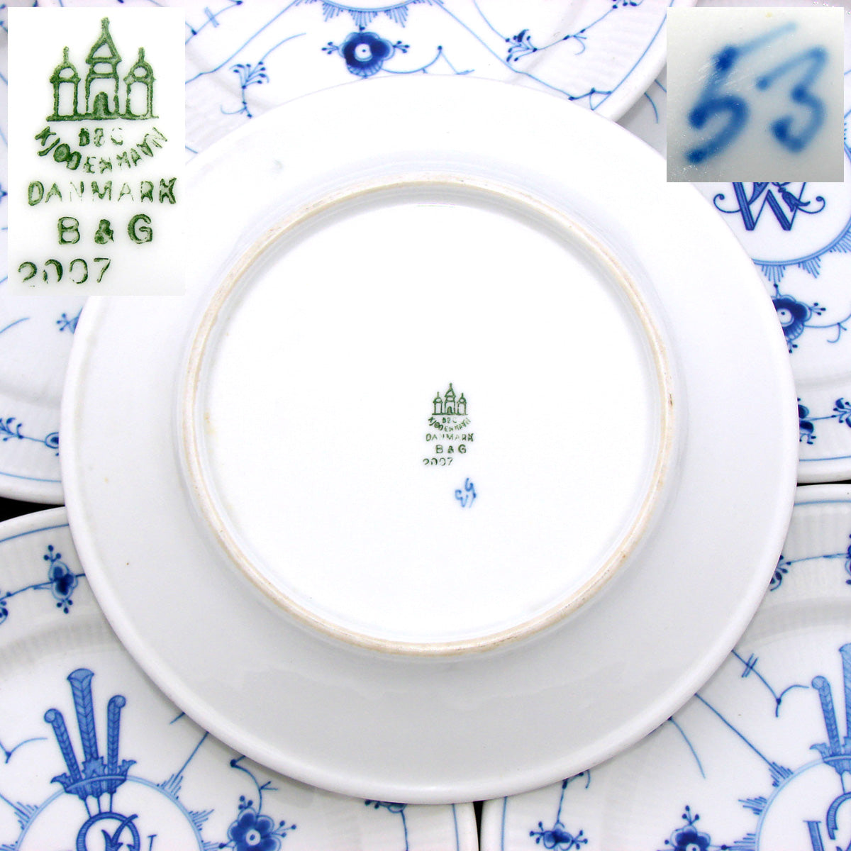 Set of 6 Danish Bing & Grondahl København 9" Plates with Elaborate Royal Bespoke Crest Monogram, c.1948-51