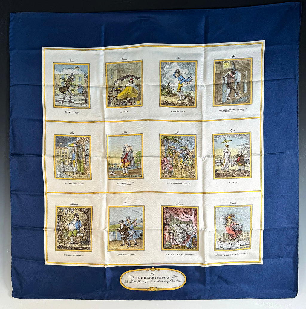 Vintage Burberry Silk Scarf, Queen Elizabeth Golden Jubilee Commemorative "Diary" 90 cm Square with Navy Blue Border