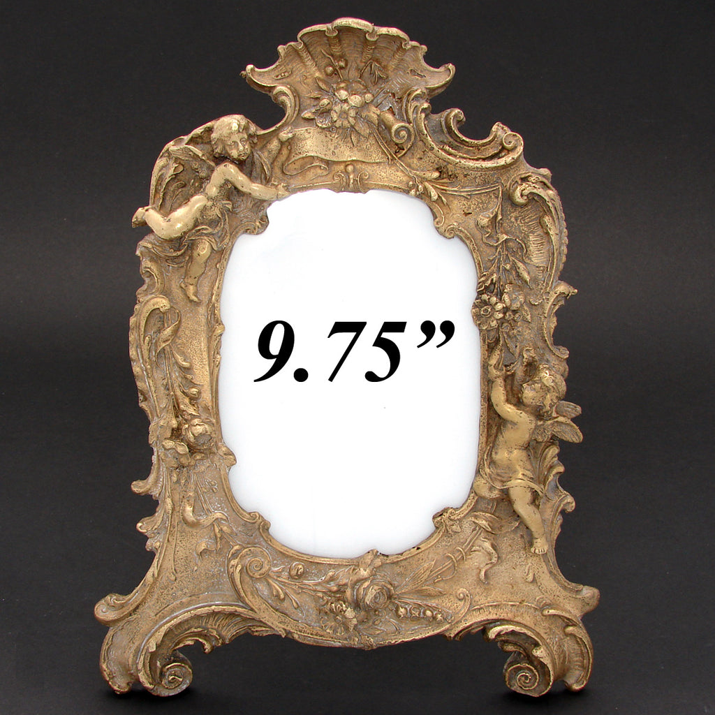 Antique French Heavy Bronze 9.75" Picture Frame, Rococo with Winged Cherubs or Putti