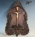 Unique Antique Crucifix and Holy Font, Embossed Leather Sculptures, Angel, Putti, Caryatids, Ivory Christ