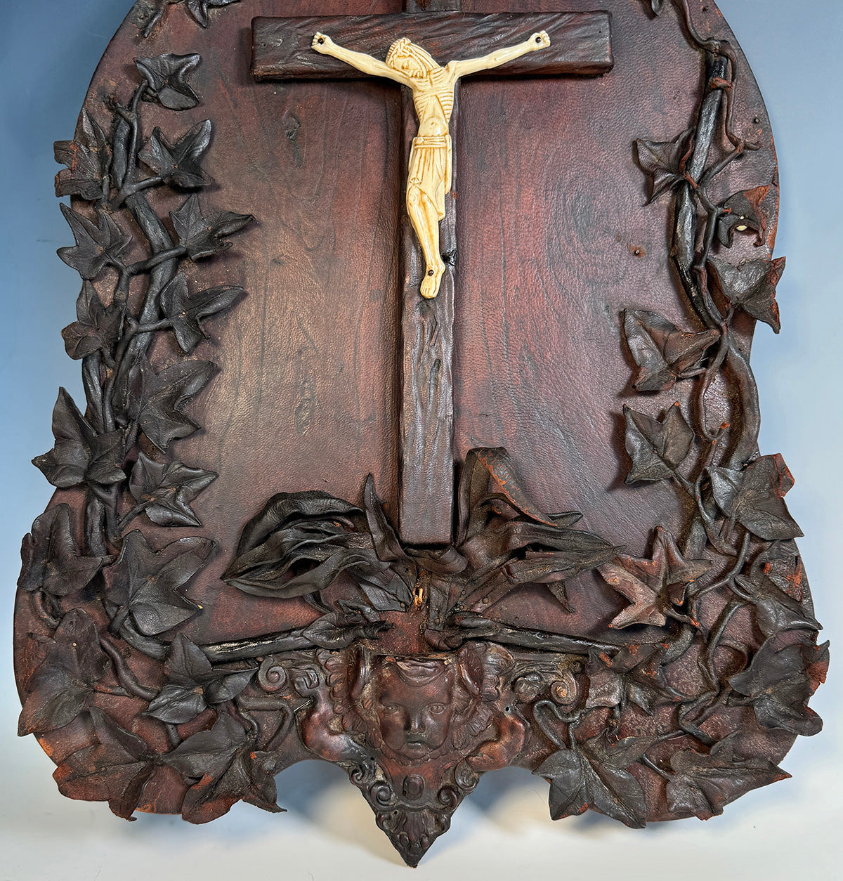 Unique Antique Crucifix and Holy Font, Embossed Leather Sculptures, Angel, Putti, Caryatids, Ivory Christ