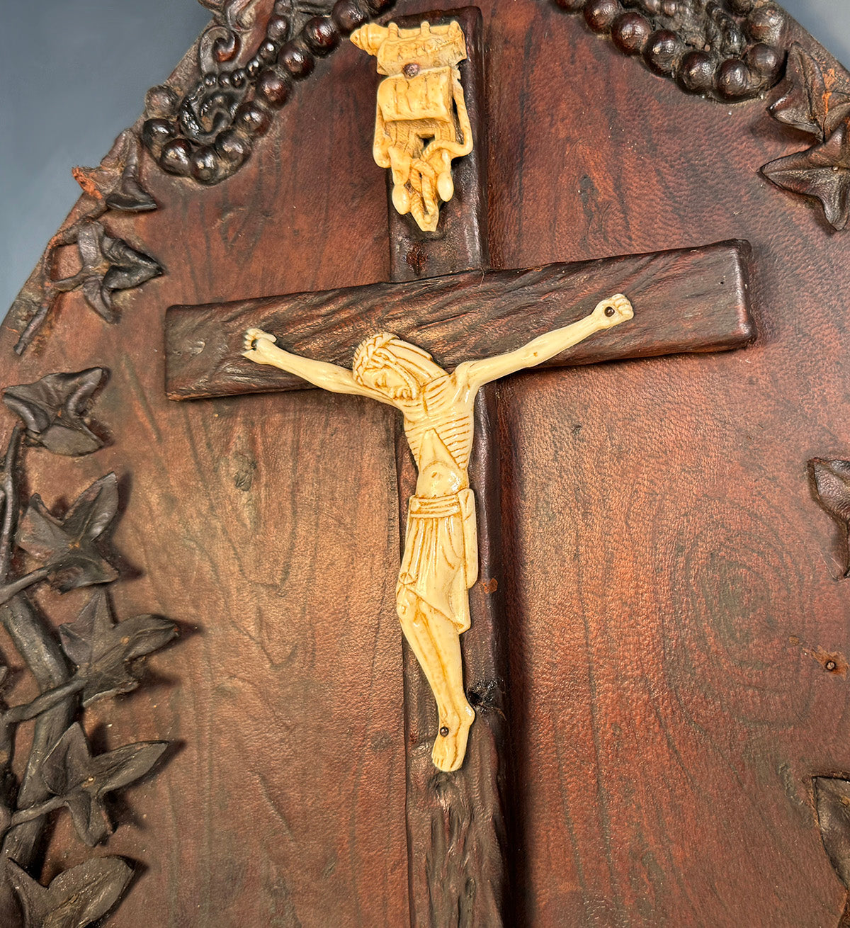 Unique Antique Crucifix and Holy Font, Embossed Leather Sculptures, Angel, Putti, Caryatids, Ivory Christ