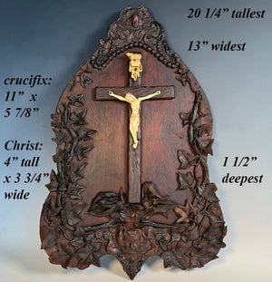 Unique Antique Crucifix and Holy Font, Embossed Leather Sculptures, Angel, Putti, Caryatids, Ivory Christ