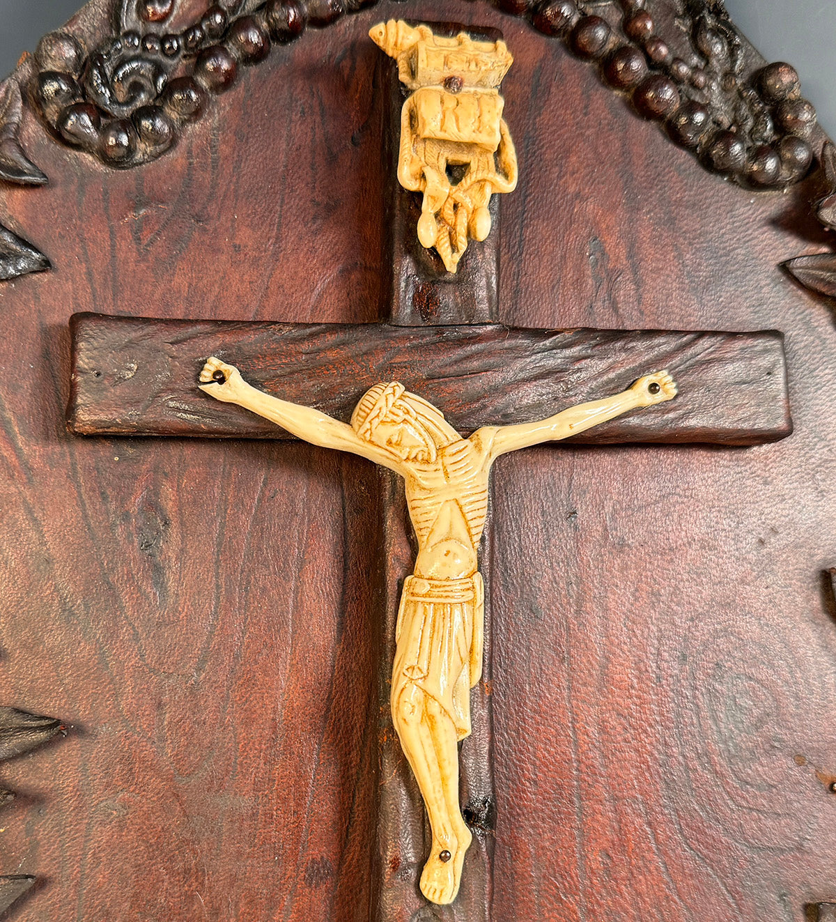 Unique Antique Crucifix and Holy Font, Embossed Leather Sculptures, Angel, Putti, Caryatids, Ivory Christ