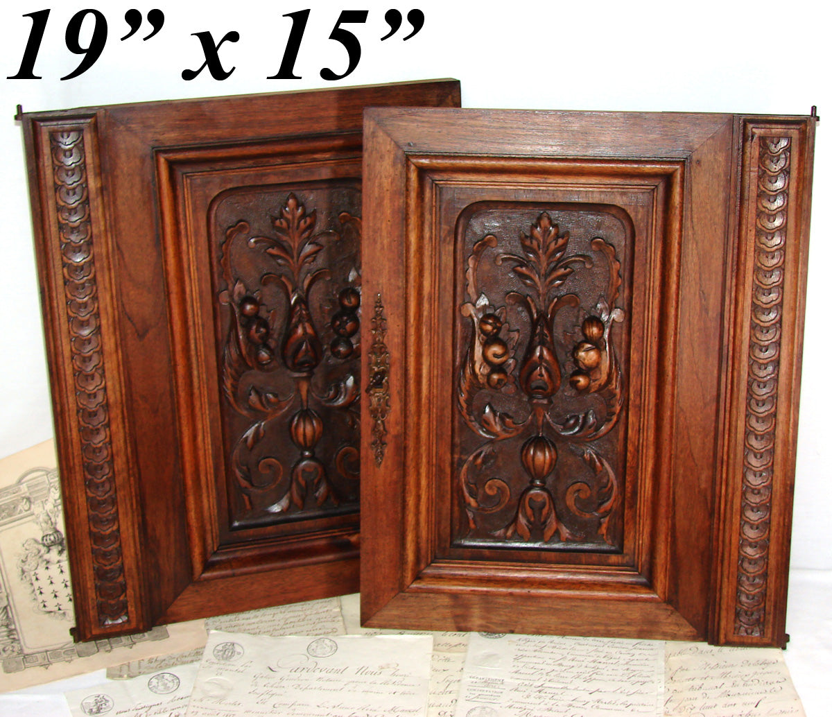 Antique Victorian Hand Carved Solid Walnut(?) 19" x 15" Cabinet or Furniture Door PAIR, Plaques