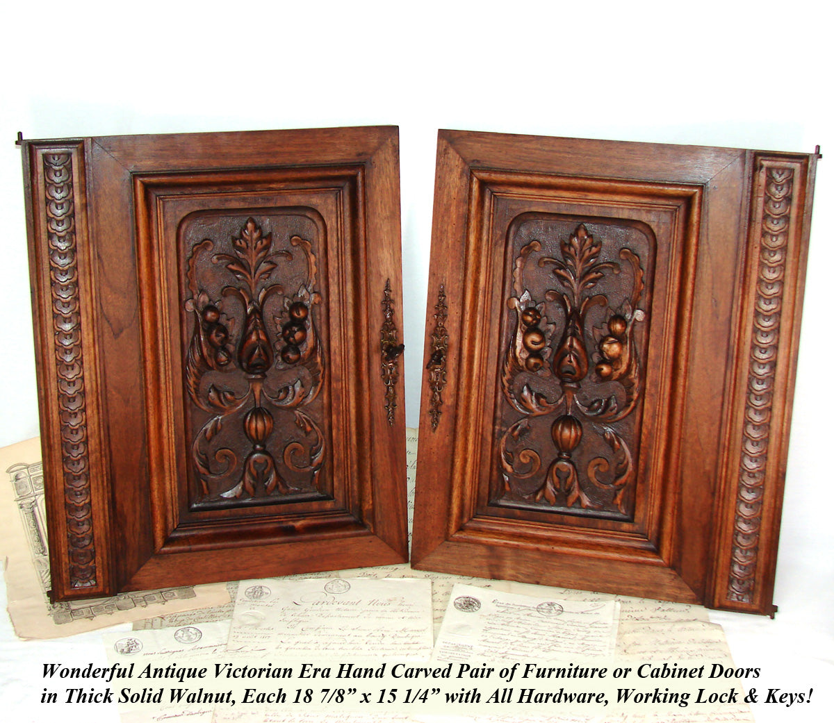 Antique Victorian Hand Carved Solid Walnut(?) 19" x 15" Cabinet or Furniture Door PAIR, Plaques