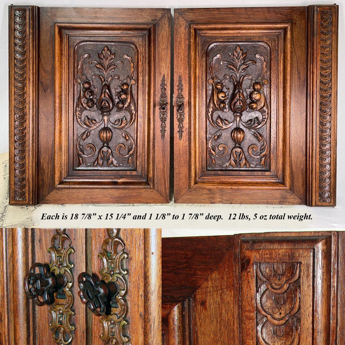 Antique Victorian Hand Carved Solid Walnut(?) 19" x 15" Cabinet or Furniture Door PAIR, Plaques