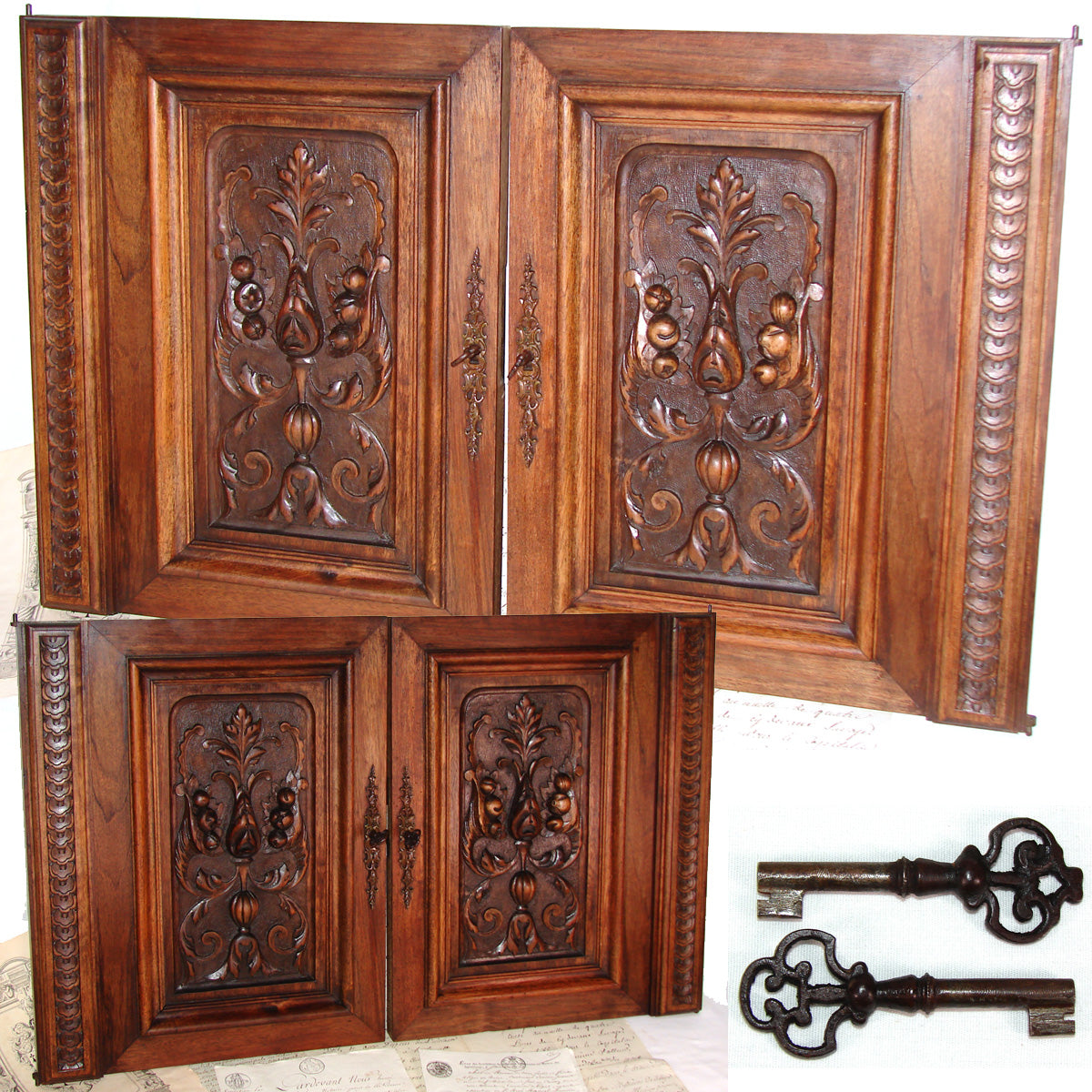 Antique Victorian Hand Carved Solid Walnut(?) 19" x 15" Cabinet or Furniture Door PAIR, Plaques