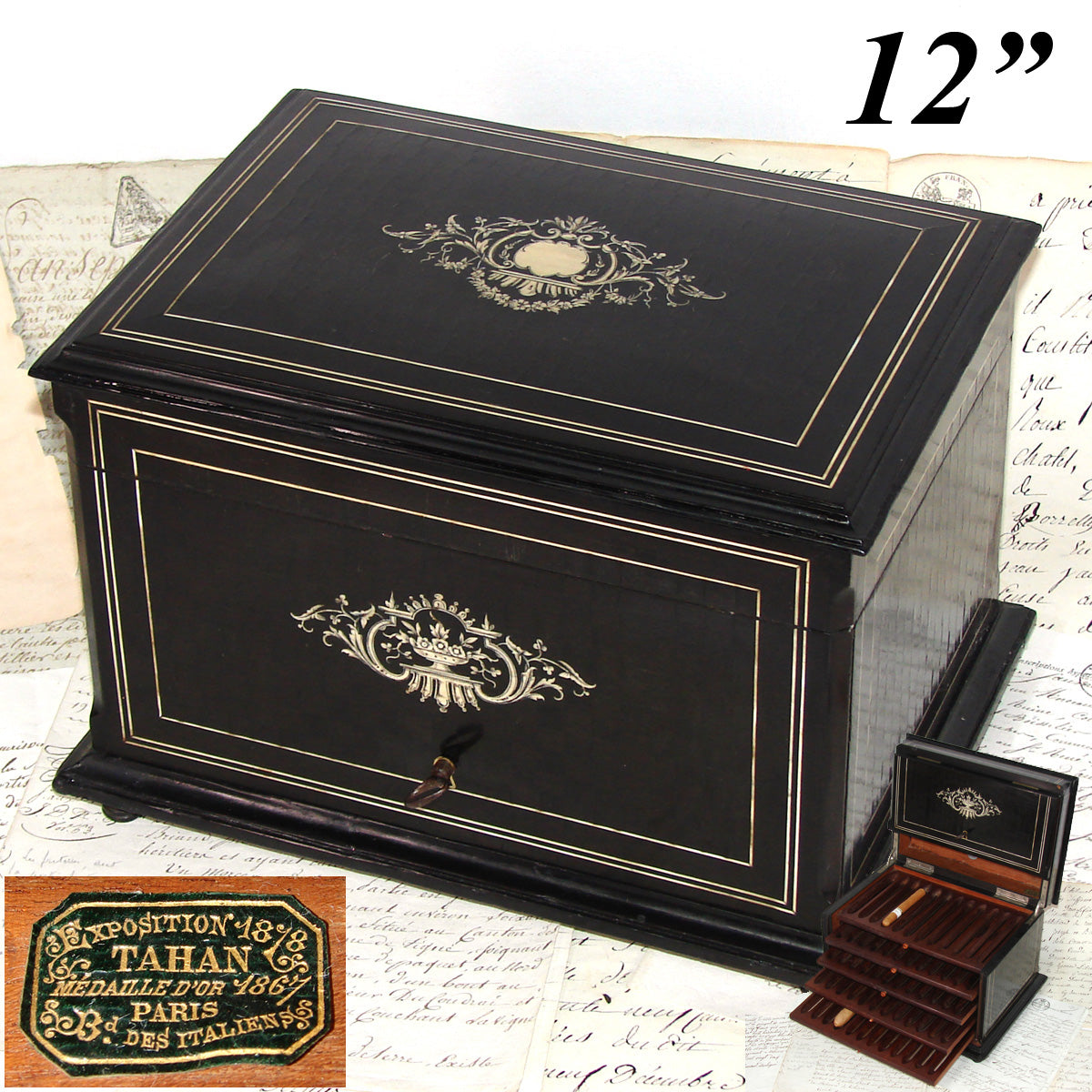 Antique French TAHAN Marked Napoleon III 12" Cigar Presenter Box, Chest, Tantalus, Boulle Style Inlays