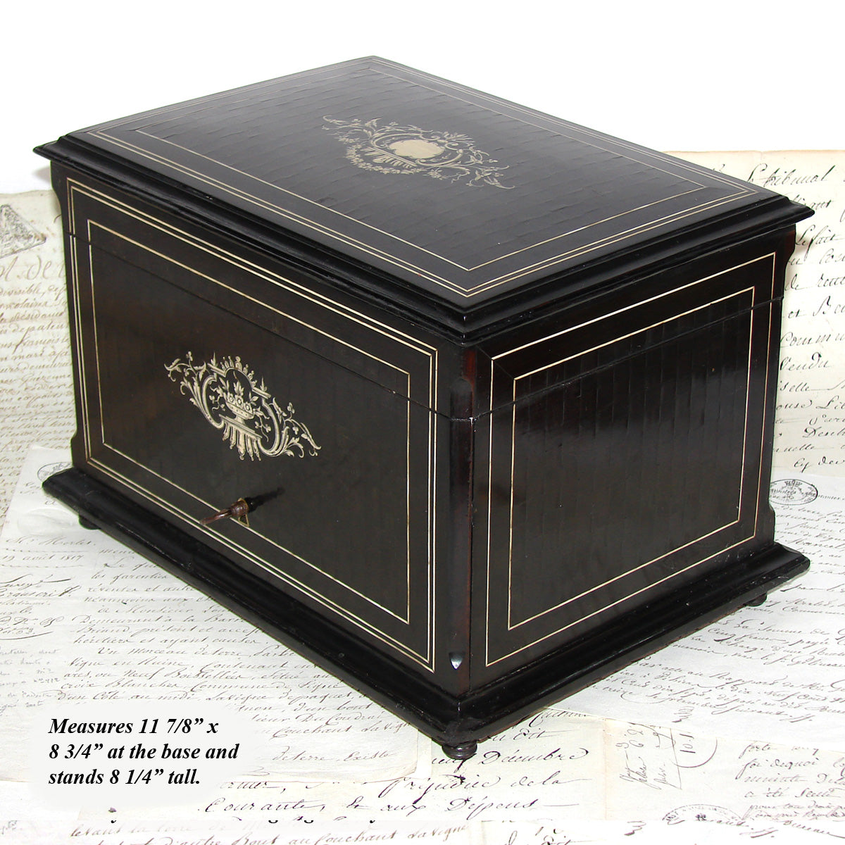 Antique French TAHAN Marked Napoleon III 12" Cigar Presenter Box, Chest, Tantalus, Boulle Style Inlays