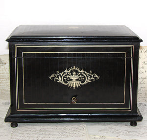 Antique French TAHAN Marked Napoleon III 12" Cigar Presenter Box, Chest, Tantalus, Boulle Style Inlays