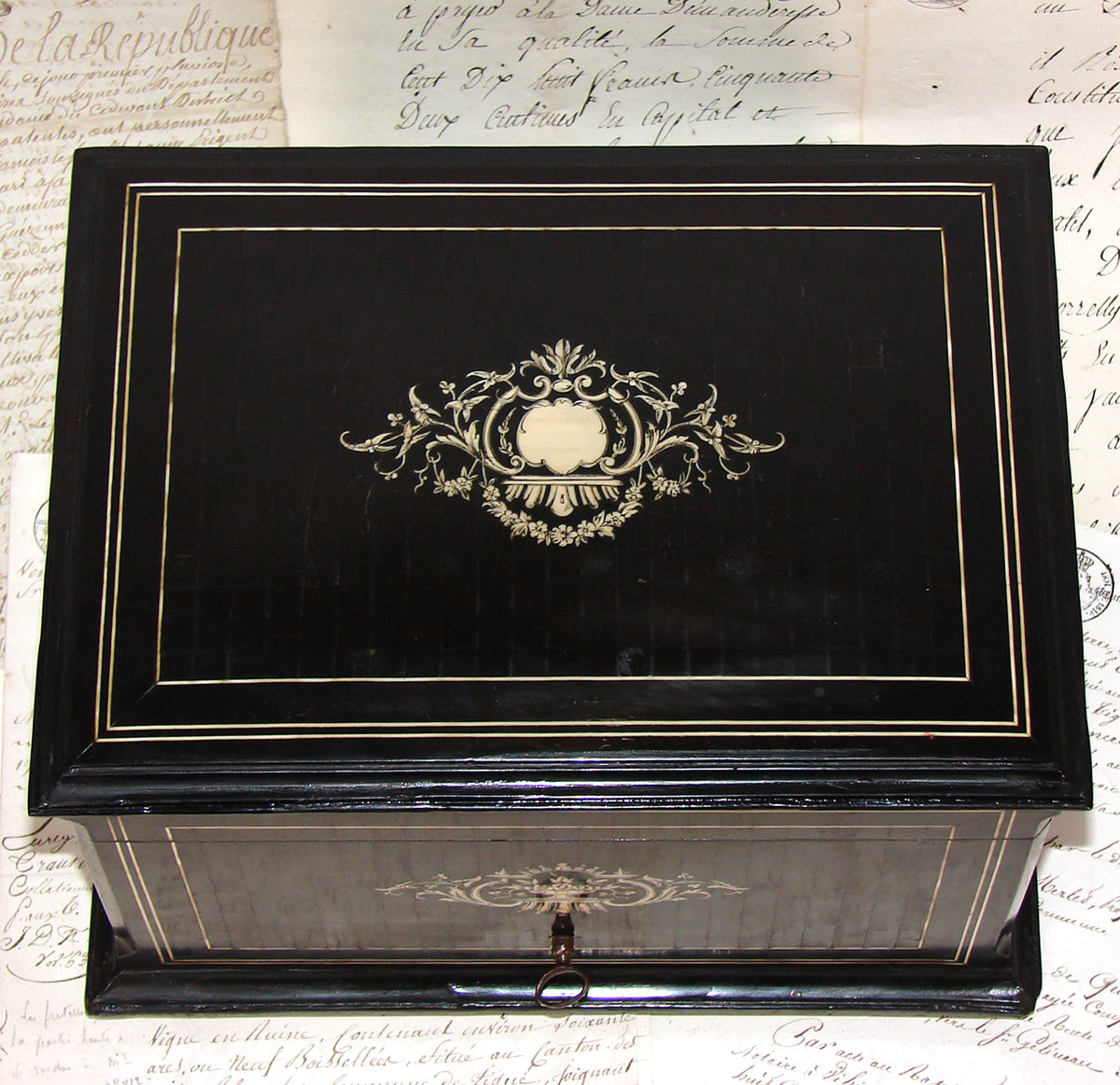 Antique French TAHAN Marked Napoleon III 12" Cigar Presenter Box, Chest, Tantalus, Boulle Style Inlays