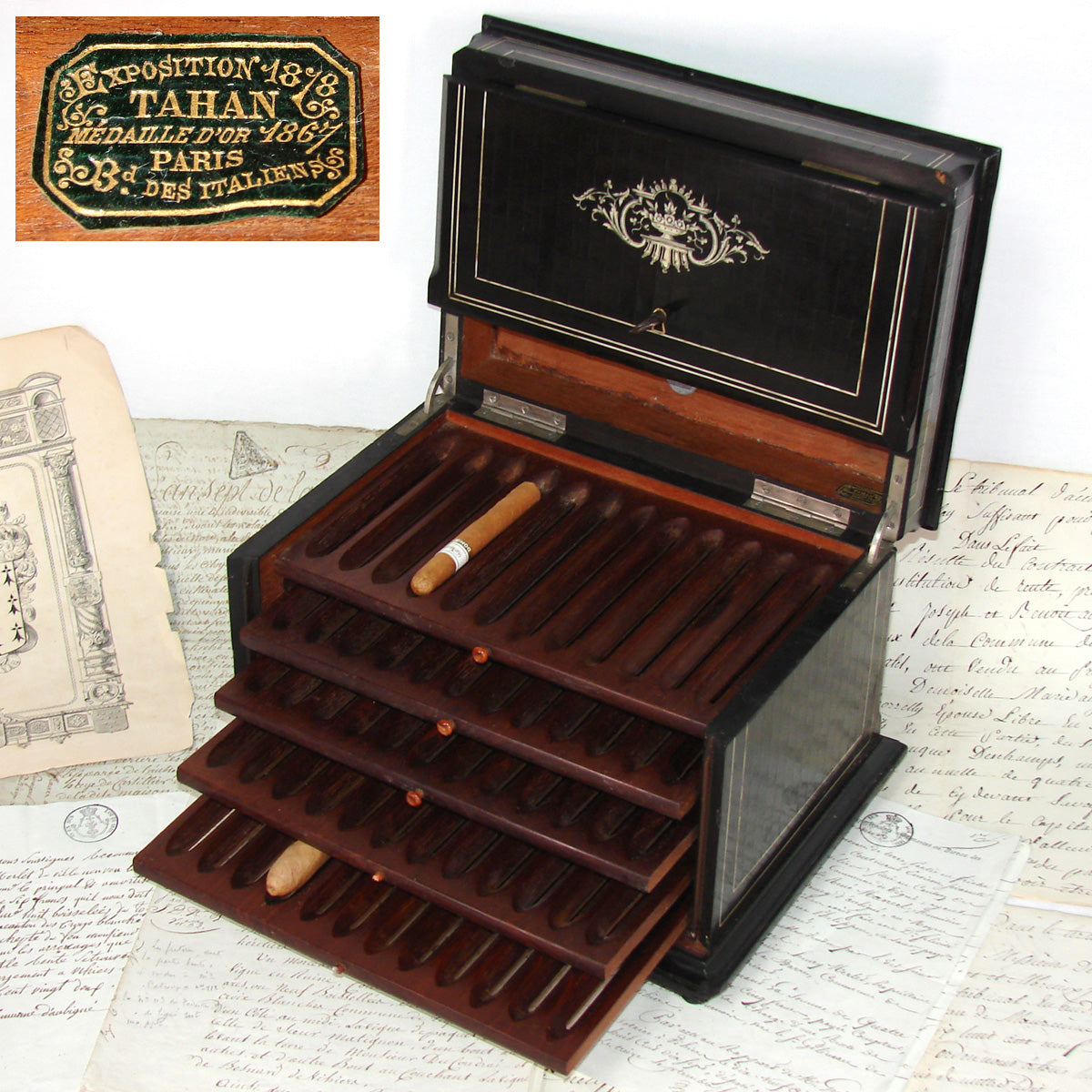 Antique French TAHAN Marked Napoleon III 12" Cigar Presenter Box, Chest, Tantalus, Boulle Style Inlays