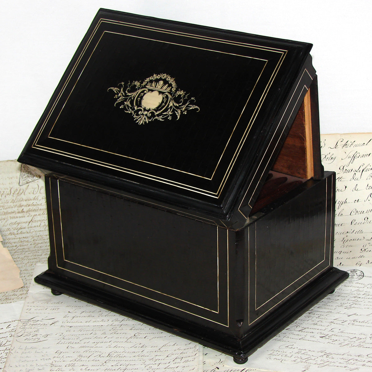 Antique French TAHAN Marked Napoleon III 12" Cigar Presenter Box, Chest, Tantalus, Boulle Style Inlays