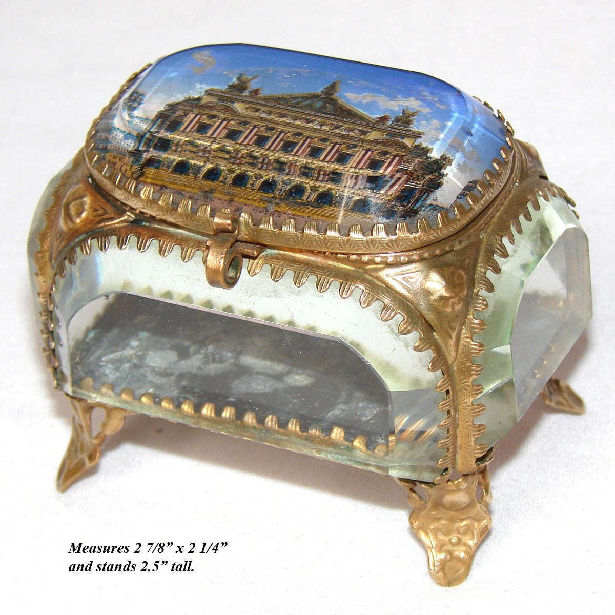 Antique French Grand Tour Style Souvenir Casket, Beveled Glass & Eglomise Scene: Paris "Opera" Garnier