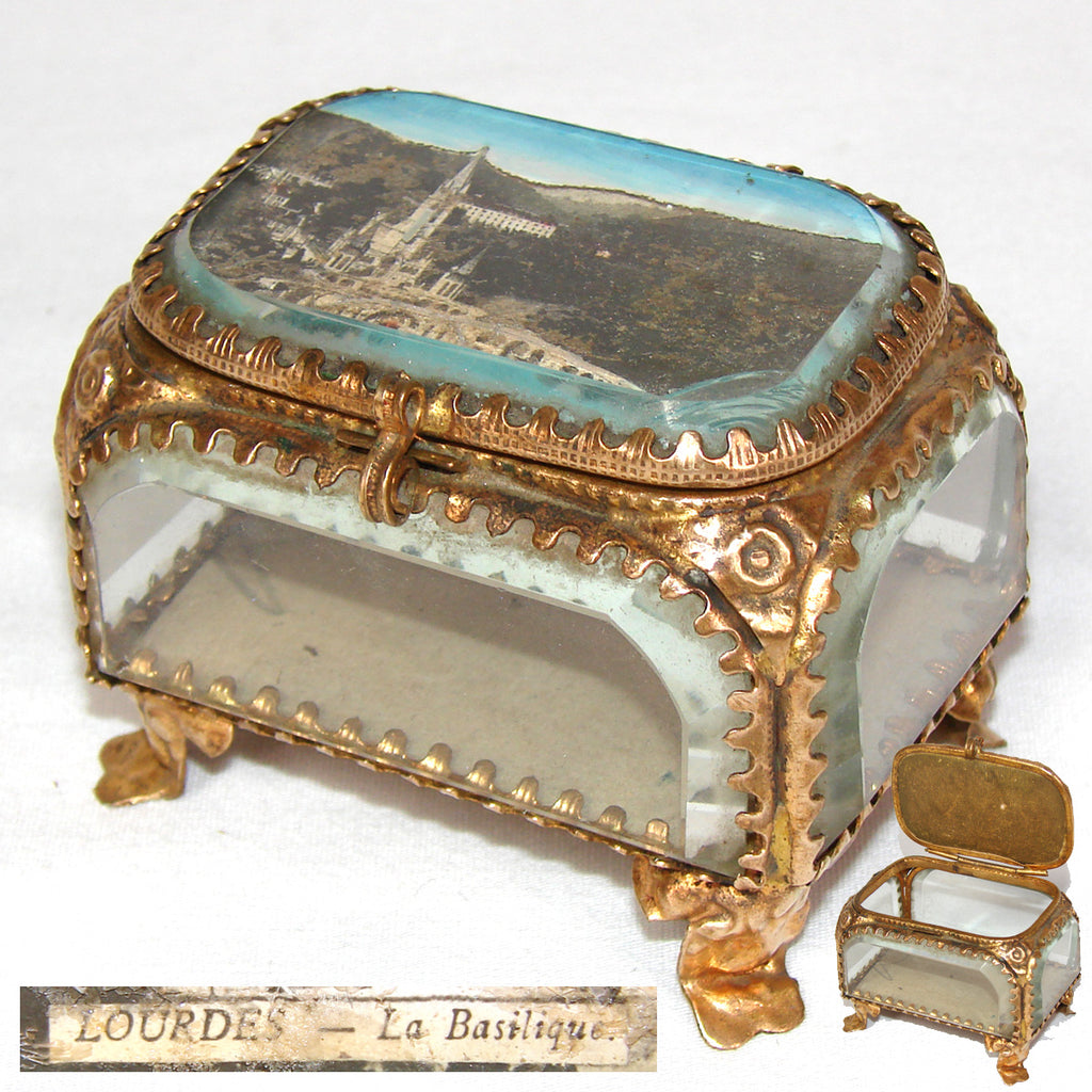 Vintage French Grand Tour Style Casket, Beveled Glass & Eglomise "Lourdes Basilica" Souvenir Scene