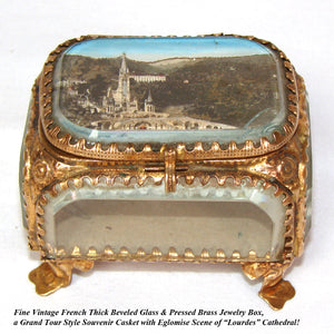 Vintage French Grand Tour Style Casket, Beveled Glass & Eglomise "Lourdes Basilica" Souvenir Scene