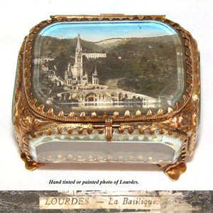 Vintage French Grand Tour Style Casket, Beveled Glass & Eglomise "Lourdes Basilica" Souvenir Scene