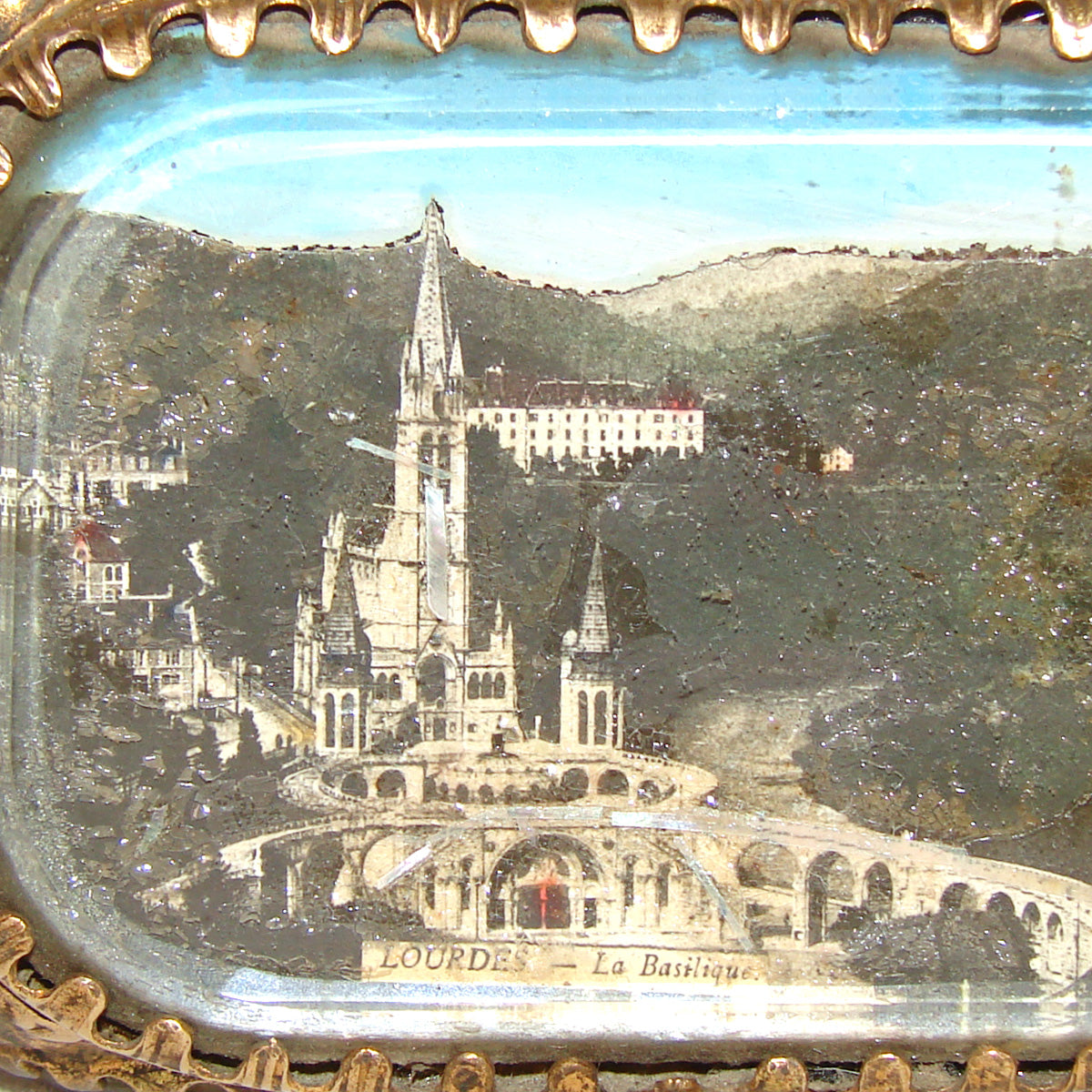 Vintage French Grand Tour Style Casket, Beveled Glass & Eglomise "Lourdes Basilica" Souvenir Scene