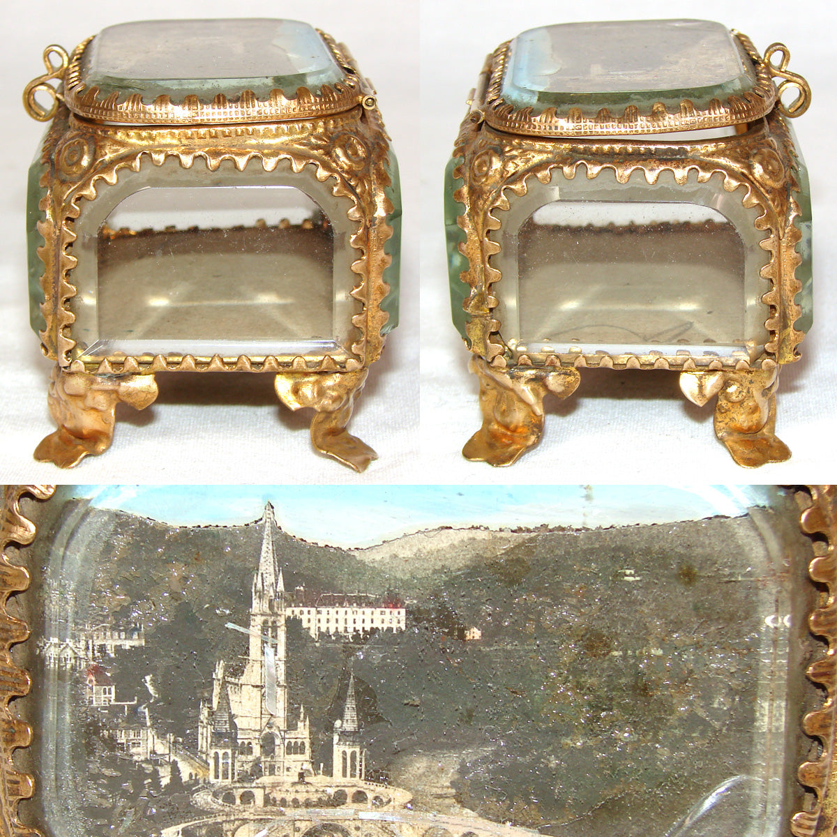 Vintage French Grand Tour Style Casket, Beveled Glass & Eglomise "Lourdes Basilica" Souvenir Scene