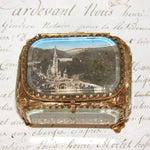 Vintage French Grand Tour Style Casket, Beveled Glass & Eglomise "Lourdes Basilica" Souvenir Scene