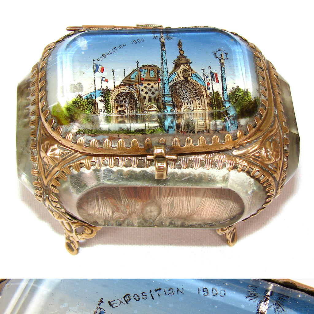Antique French Grand Tour Style Souvenir Casket, Beveled Glass & Eglomise Scene: "Exposition 1900"