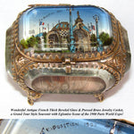 Antique French Grand Tour Style Souvenir Casket, Beveled Glass & Eglomise Scene: "Exposition 1900"