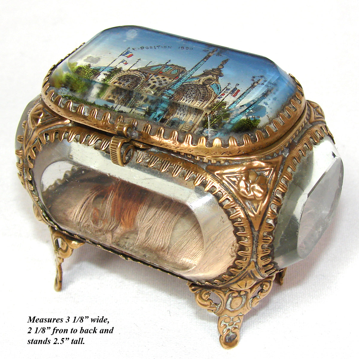 Antique French Grand Tour Style Souvenir Casket, Beveled Glass & Eglomise Scene: "Exposition 1900"