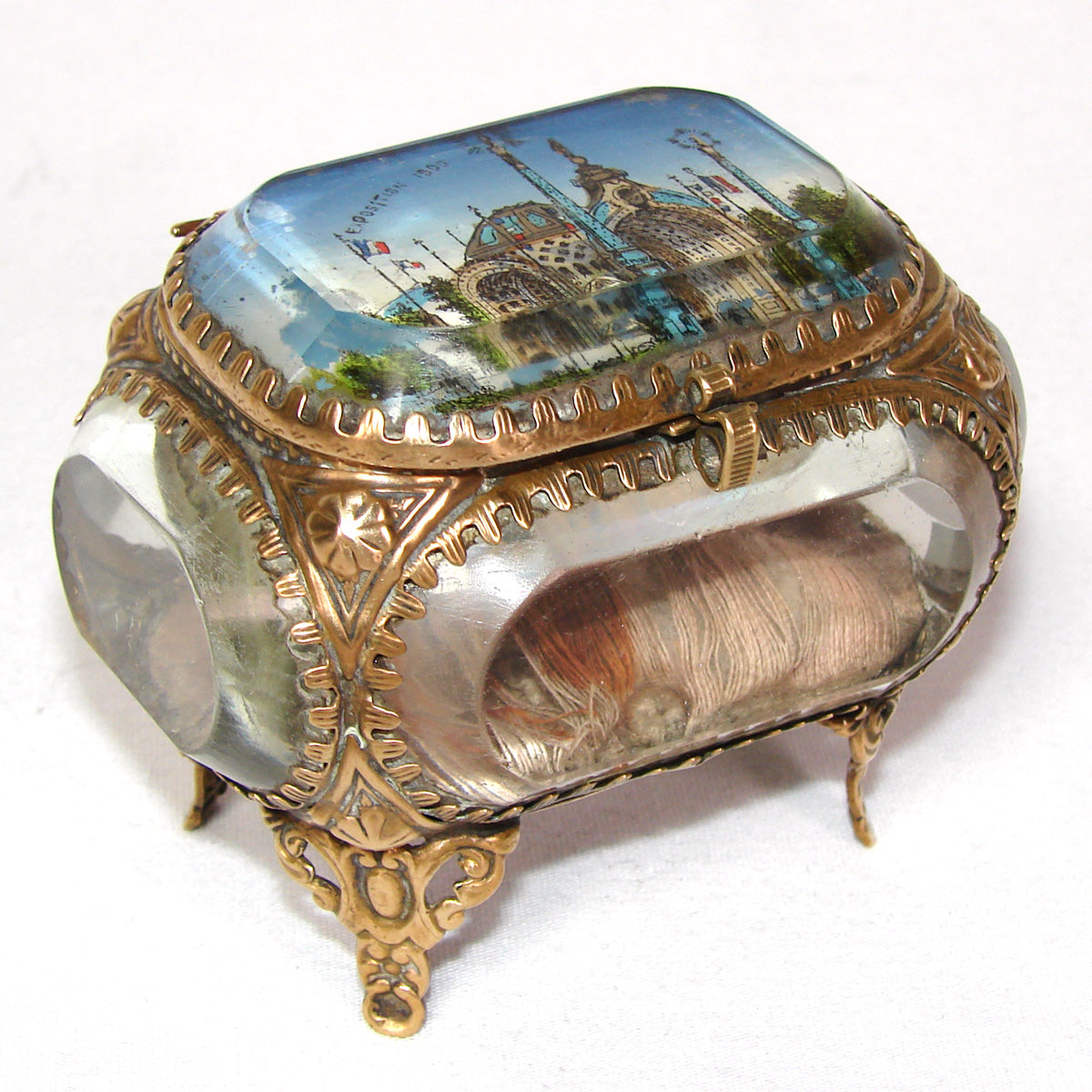 Antique French Grand Tour Style Souvenir Casket, Beveled Glass & Eglomise Scene: "Exposition 1900"