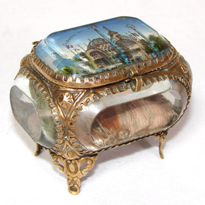 Antique French Grand Tour Style Souvenir Casket, Beveled Glass & Eglomise Scene: "Exposition 1900"