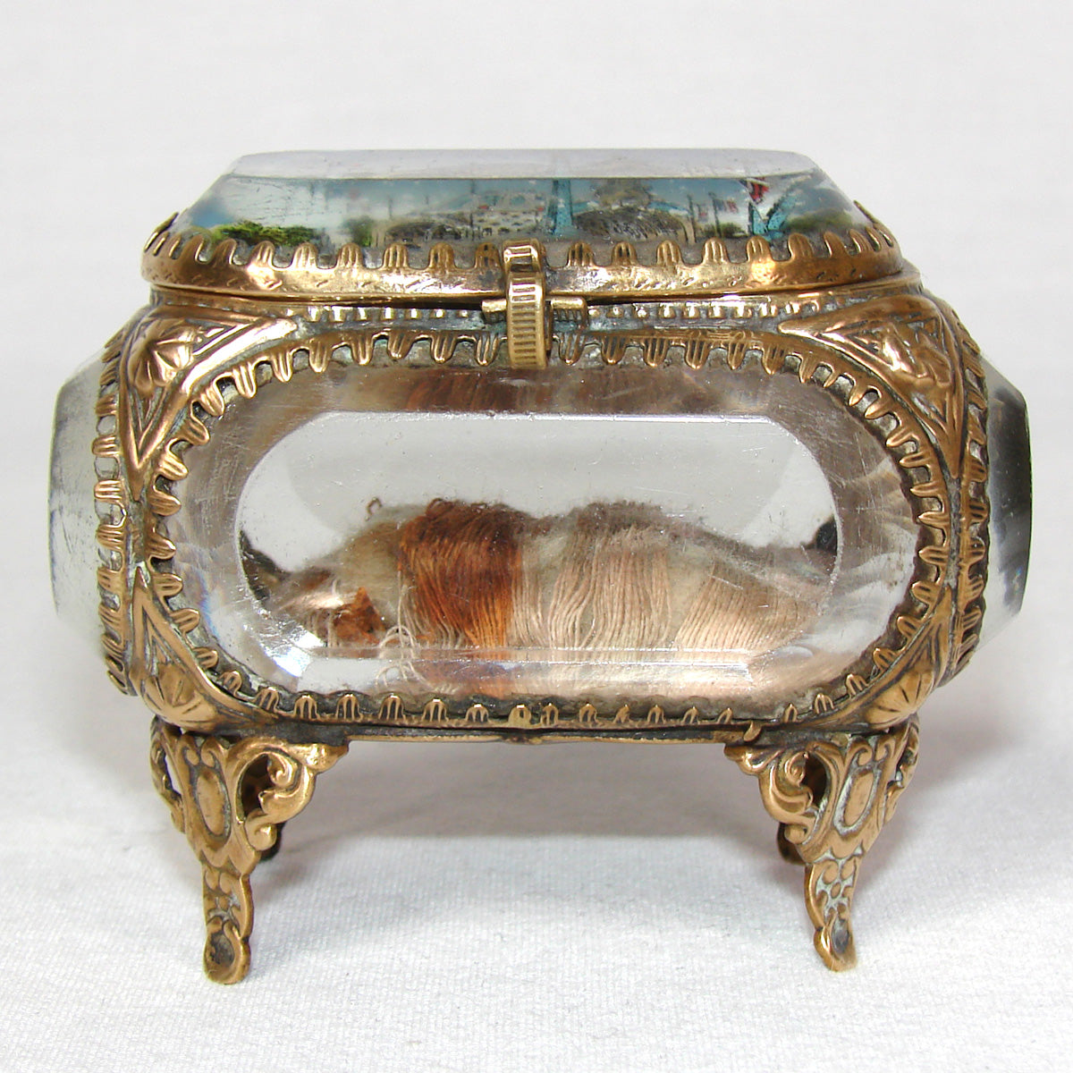 Antique French Grand Tour Style Souvenir Casket, Beveled Glass & Eglomise Scene: "Exposition 1900"