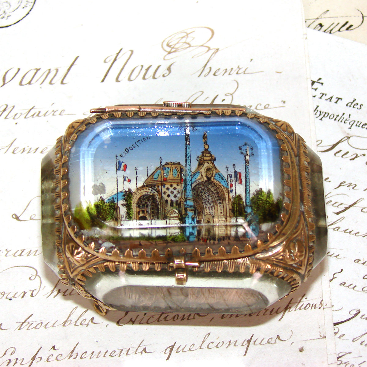 Antique French Grand Tour Style Souvenir Casket, Beveled Glass & Eglomise Scene: "Exposition 1900"