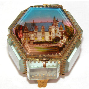 Antique French Grand Tour Style Souvenir Casket, Beveled Glass & Eglomise Scene "Le Palais de Justice, Beauvais"