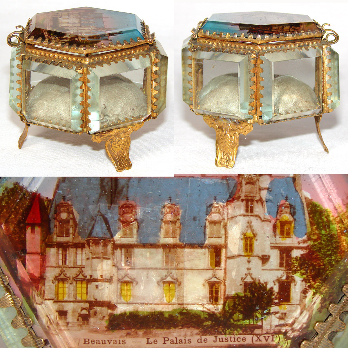 Antique French Grand Tour Style Souvenir Casket, Beveled Glass & Eglomise Scene "Le Palais de Justice, Beauvais"