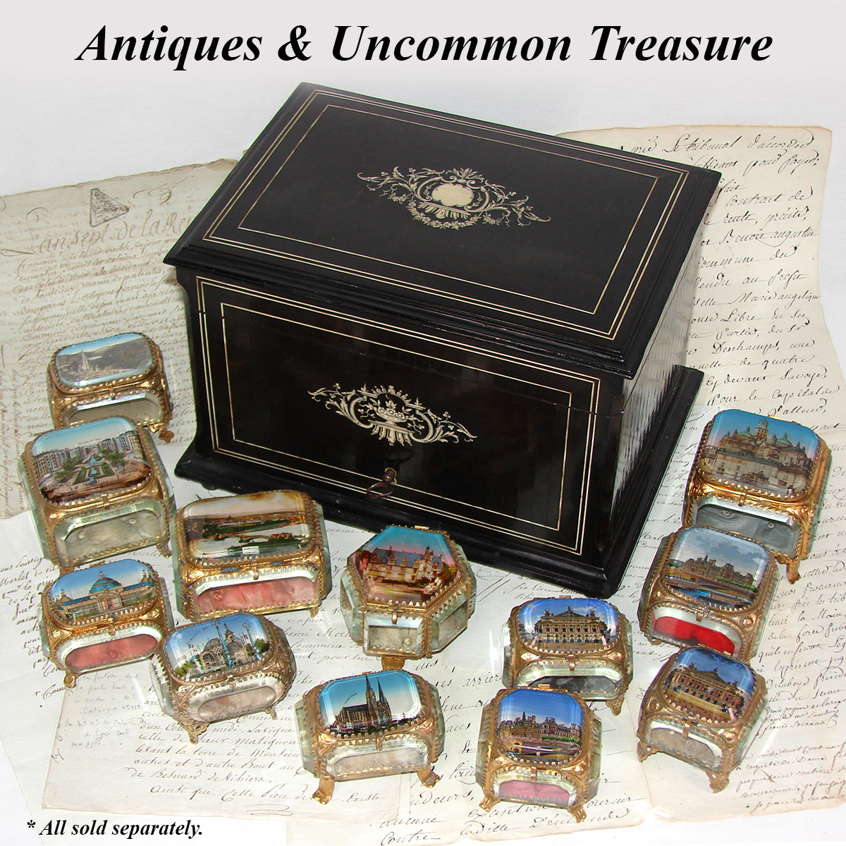 Antique French Eglomise Grand Tour Style Souvenir Jewelry Casket, Box: 1895 Bordeaux World Expo