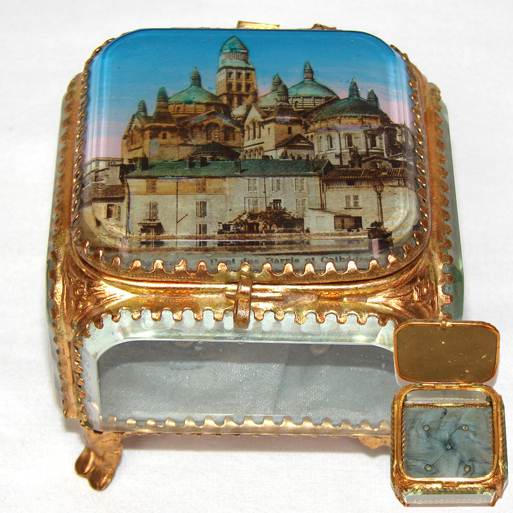 Antique French Grand Tour Casket or Jewelry Box, Eglomise Souvenir Scene of Perigueux Cathedral
