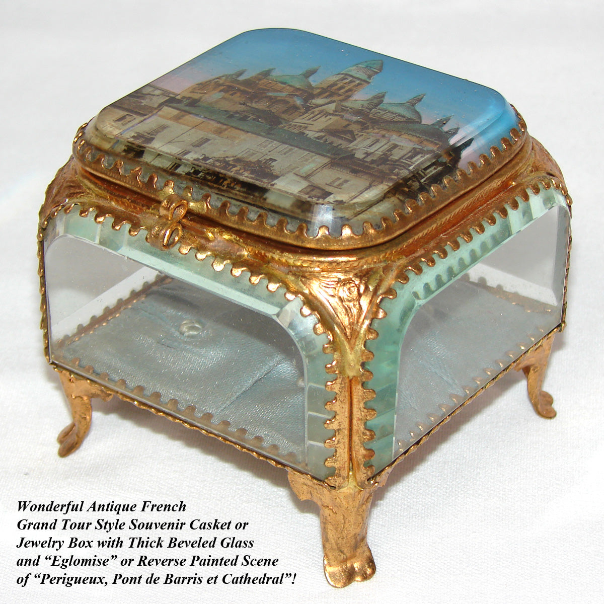 Antique French Grand Tour Casket or Jewelry Box, Eglomise Souvenir Scene of Perigueux Cathedral