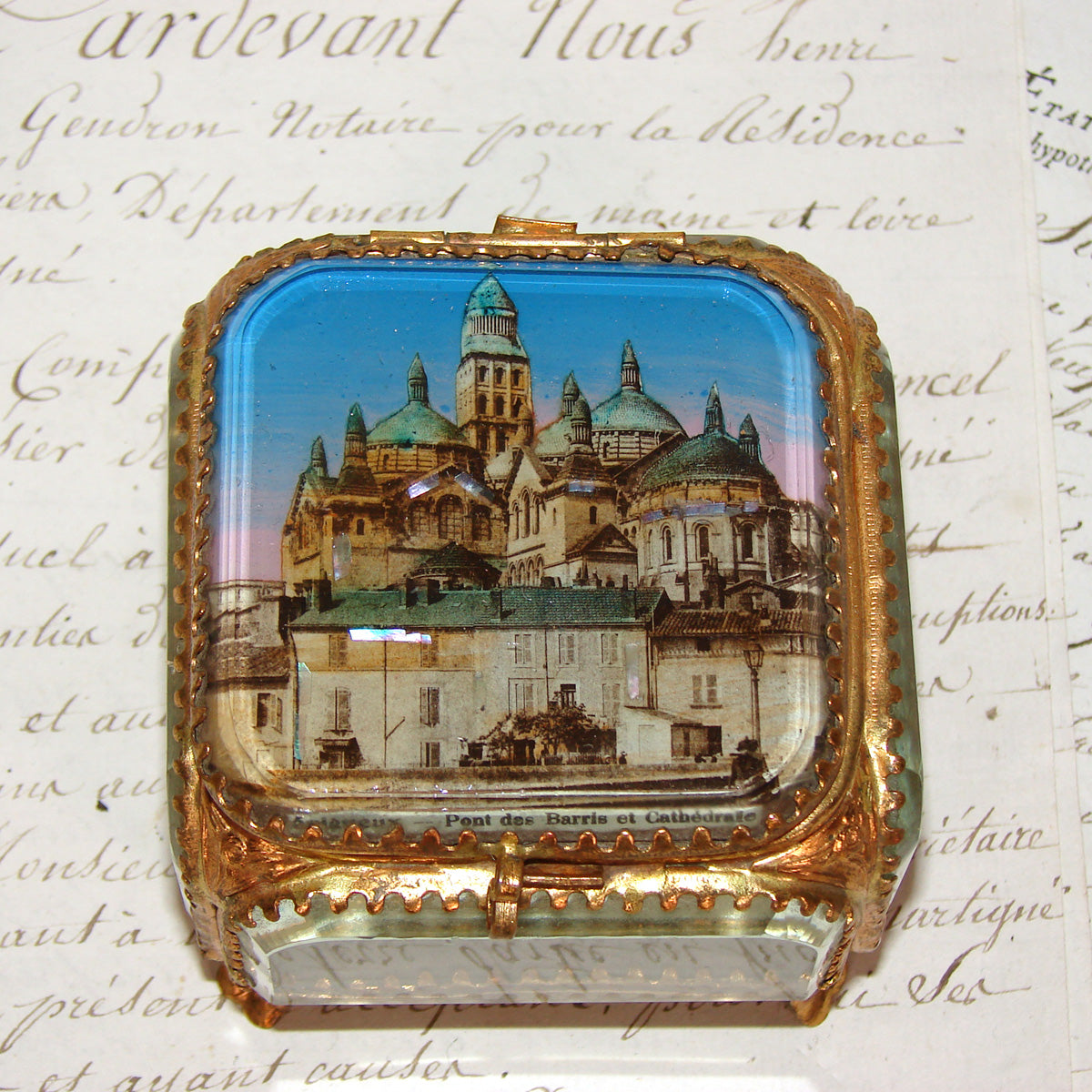 Antique French Grand Tour Casket or Jewelry Box, Eglomise Souvenir Scene of Perigueux Cathedral