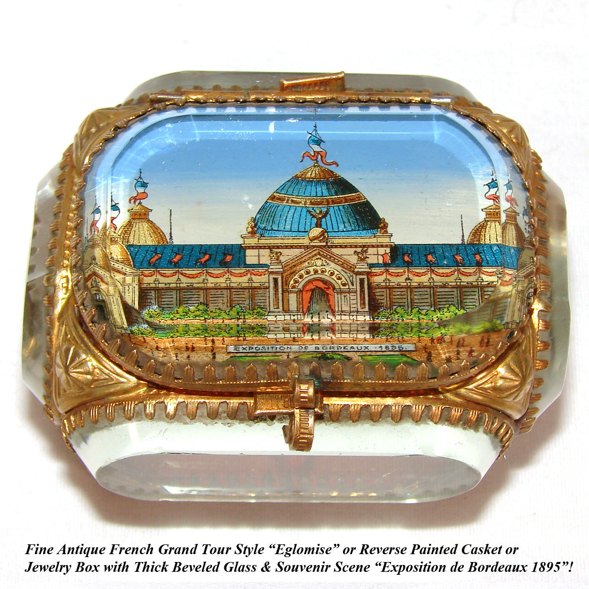 Antique French Eglomise Grand Tour Style Souvenir Jewelry Casket, Box: 1895 Bordeaux World Expo