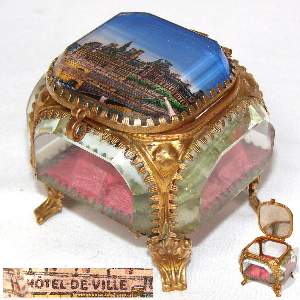Antique French Grand Tour Style Souvenir Casket, Beveled Glass & Eglomise Scene: Hotel de Ville