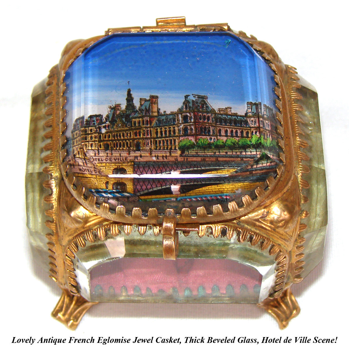 Antique French Grand Tour Style Souvenir Casket, Beveled Glass & Eglomise Scene: Hotel de Ville